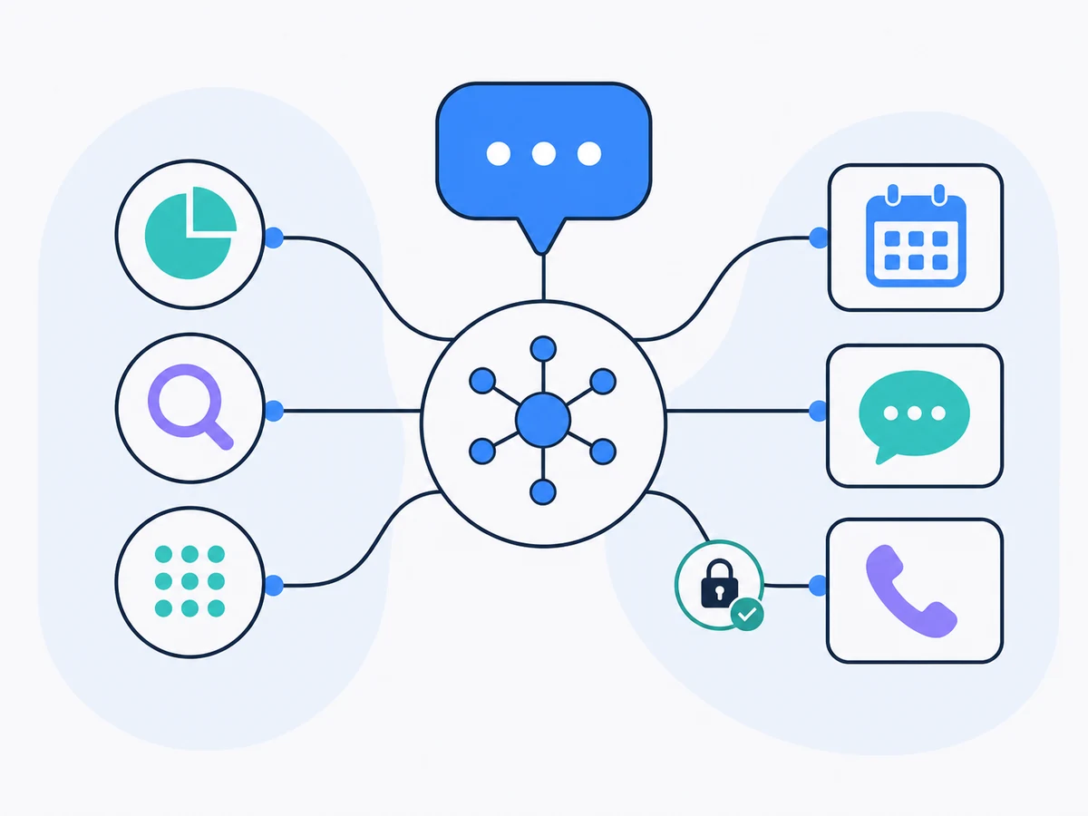A central coordinator securely connects focused specialists with calendars, messaging, and phone channels.