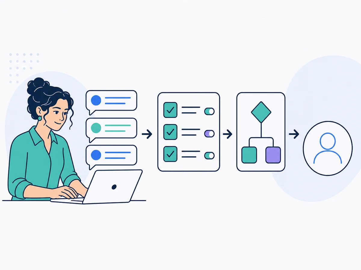 A business owner turns a guided conversation into a checklist and branching business rules for an AI specialist.