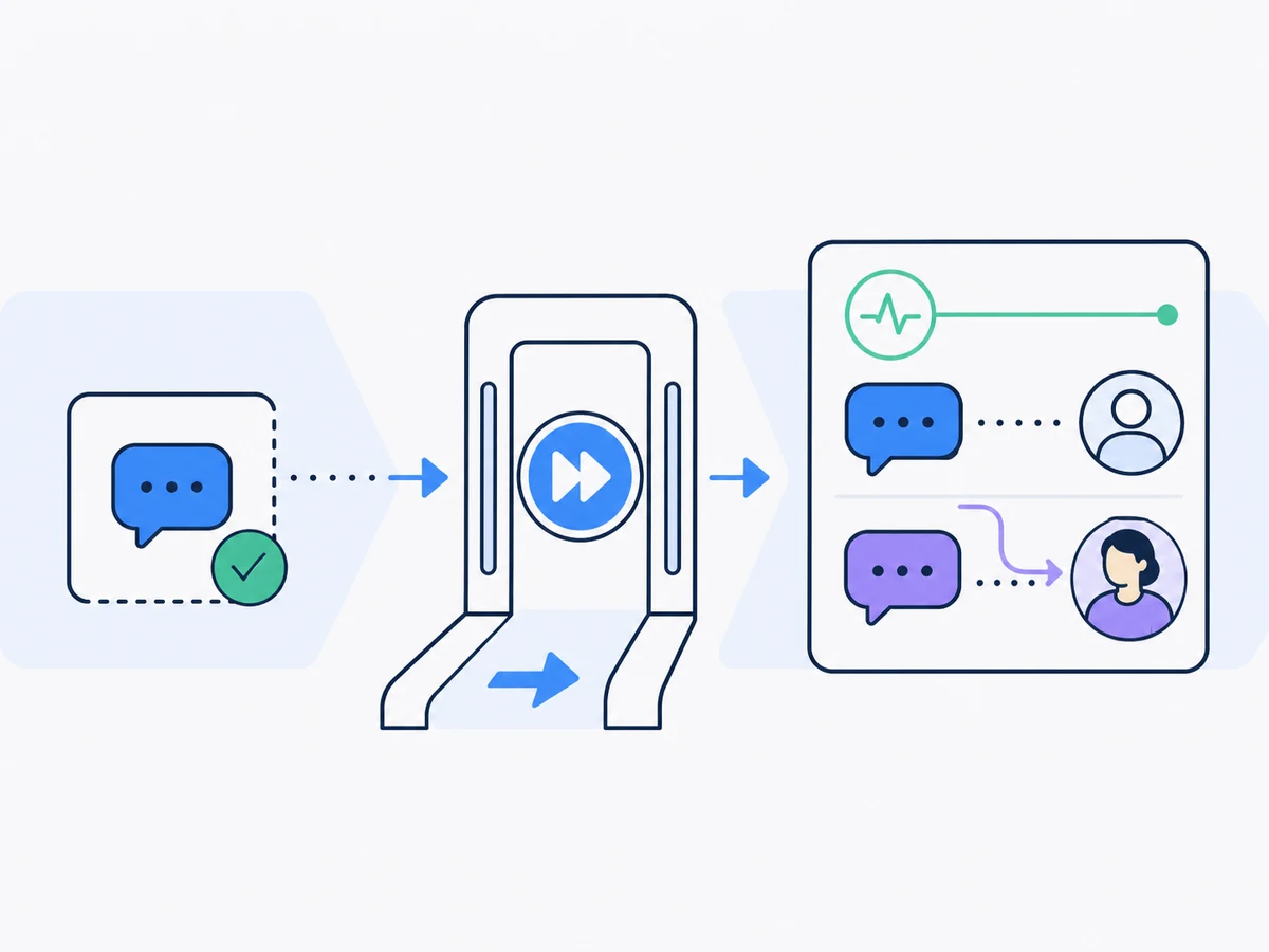 A tested conversation passes through deployment into live monitoring with human handoff available.